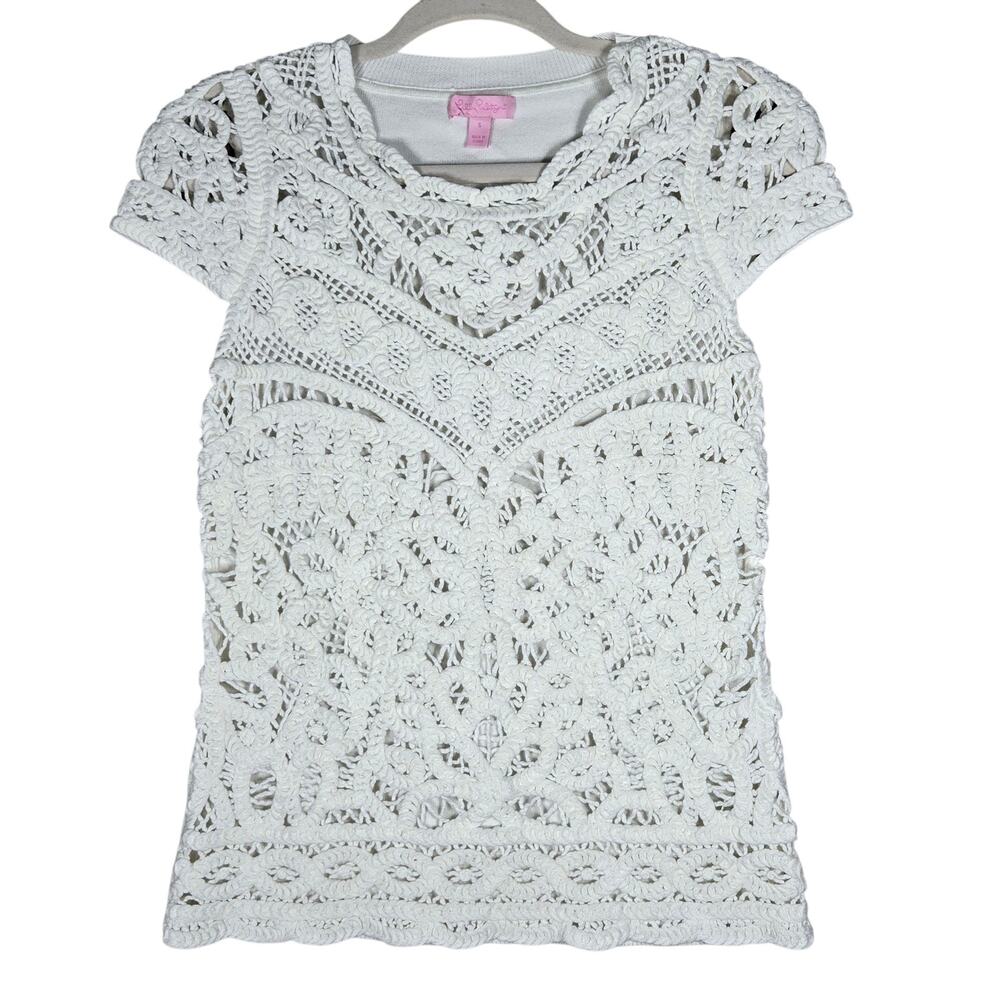 Lilly Pulitzer Sweater Womens Small White Crochet Lace Short Sleeve Pullover Top